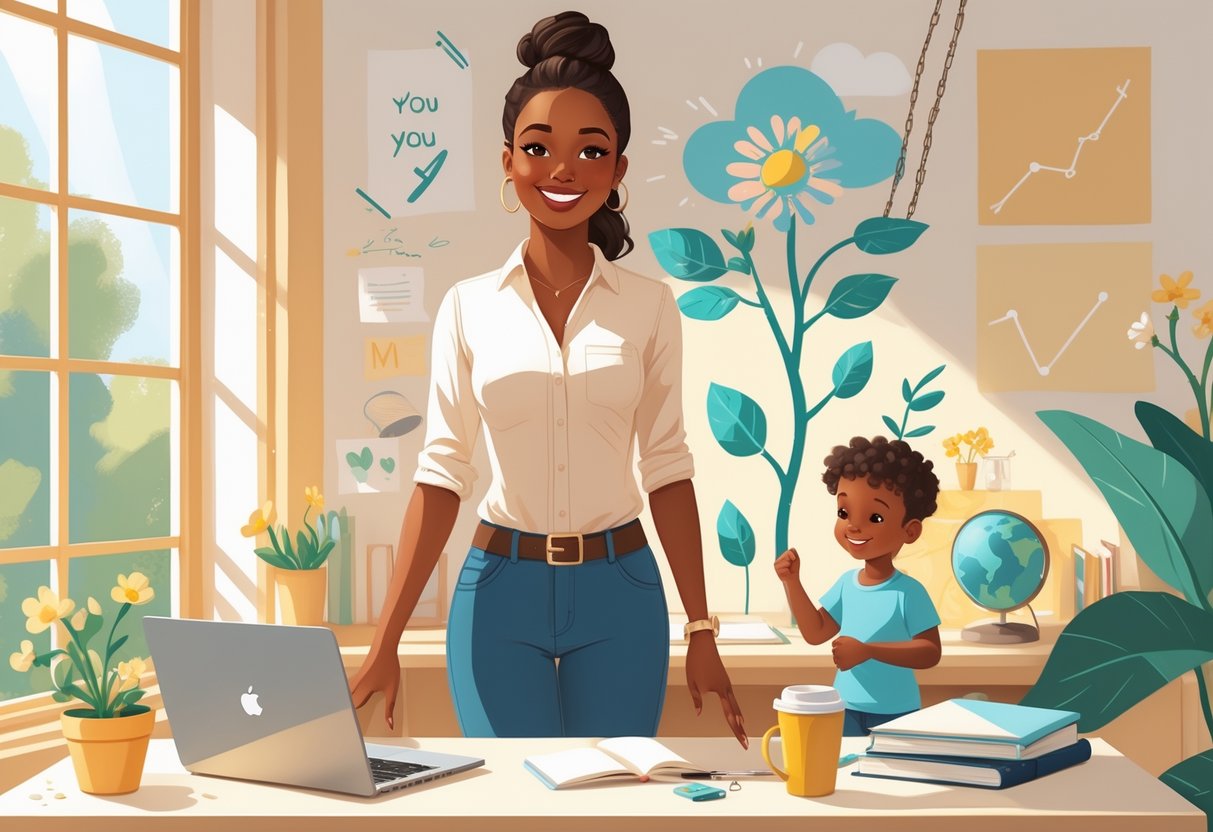A confident mom standing in a bright home office with a laptop, surrounded by symbols of growth and empowerment, while her child plays nearby.