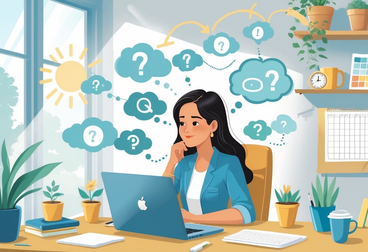 A stay-at-home mom working at a laptop in a home office surrounded by symbols representing challenges and growth.