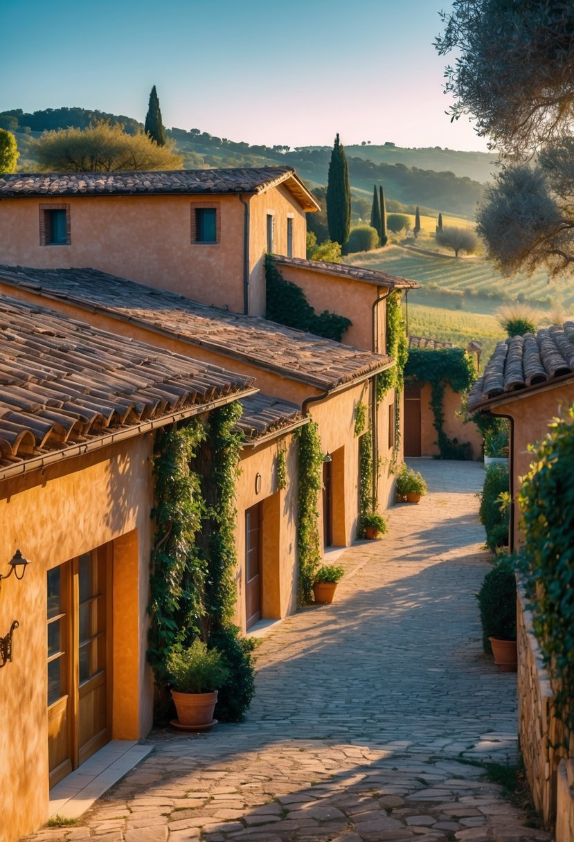Fifteen Italian farmhouses with warm stucco walls and terracotta roofs set in a sunny rural landscape with greenery and rolling hills.