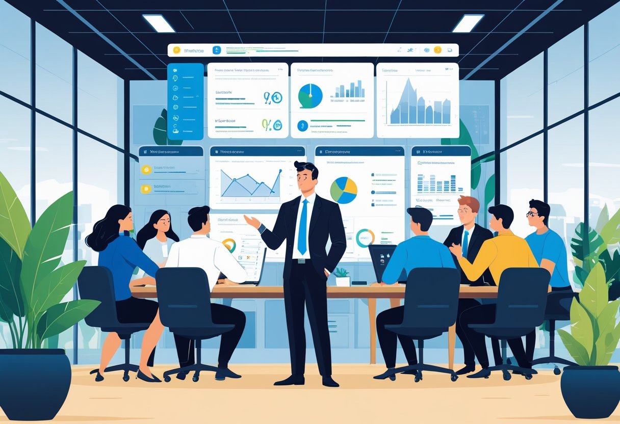 A business leader reviewing data on a digital dashboard while team members collaborate in a modern office setting.