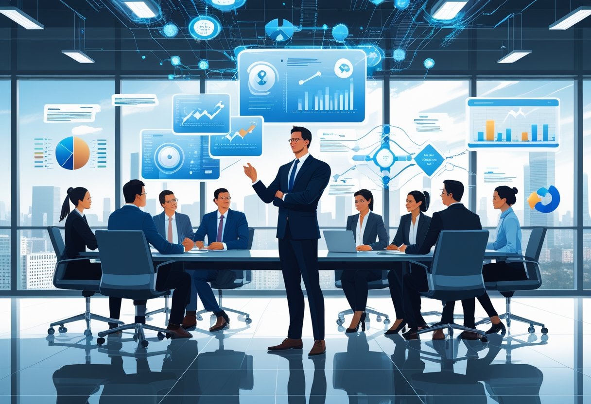 A business leader analyzing data with a team in a modern office surrounded by charts and graphs.
