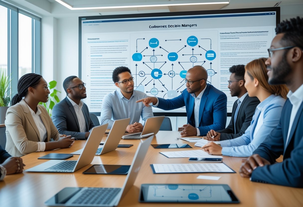 A group of managers collaborating around a conference table with digital charts and devices in a bright meeting room.