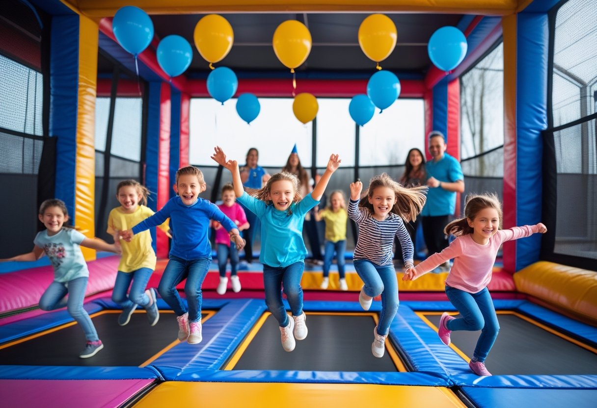 Children jumping and playing on trampolines at an indoor birthday party with colorful decorations and adults watching nearby.