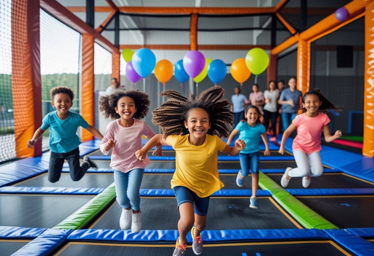 Children jumping and playing on trampolines at a birthday party in a trampoline park with decorations and adults watching nearby.