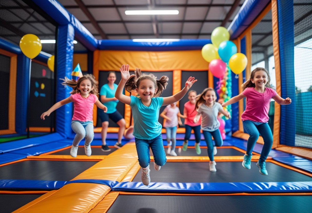 Children jumping and playing on trampolines at an indoor birthday party with adults watching nearby.