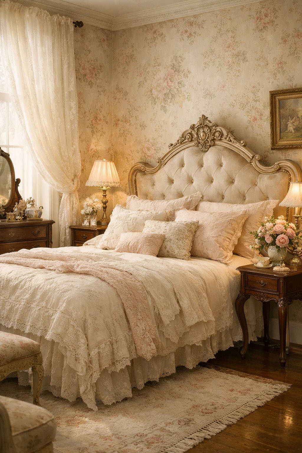 Victorian Bedroom Designs for Your Dream Romantic Retreat: 5 Timeless Ideas 4 A cozy bedroom with floral wallpaper, a wooden bed with soft linens, and a small table with flowers by a window letting in natural light.