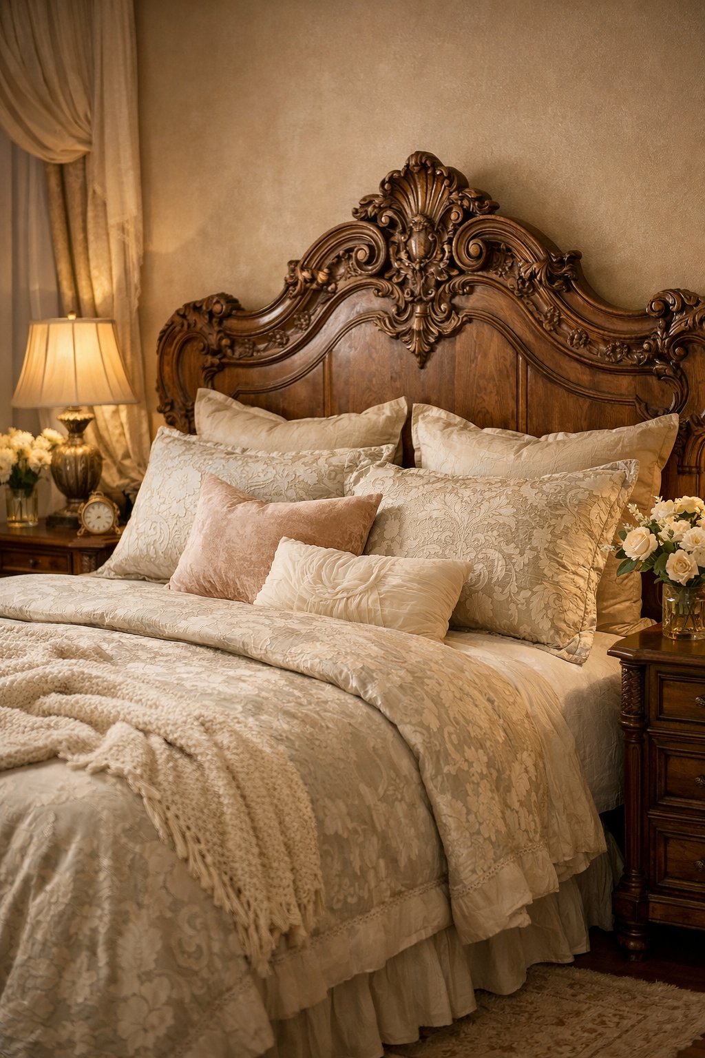 Victorian Bedroom Designs for Your Dream Romantic Retreat: 5 Timeless Ideas 5 A cozy bedroom with a carved wooden headboard, a neatly made bed, bedside table with a lamp, and soft natural lighting.