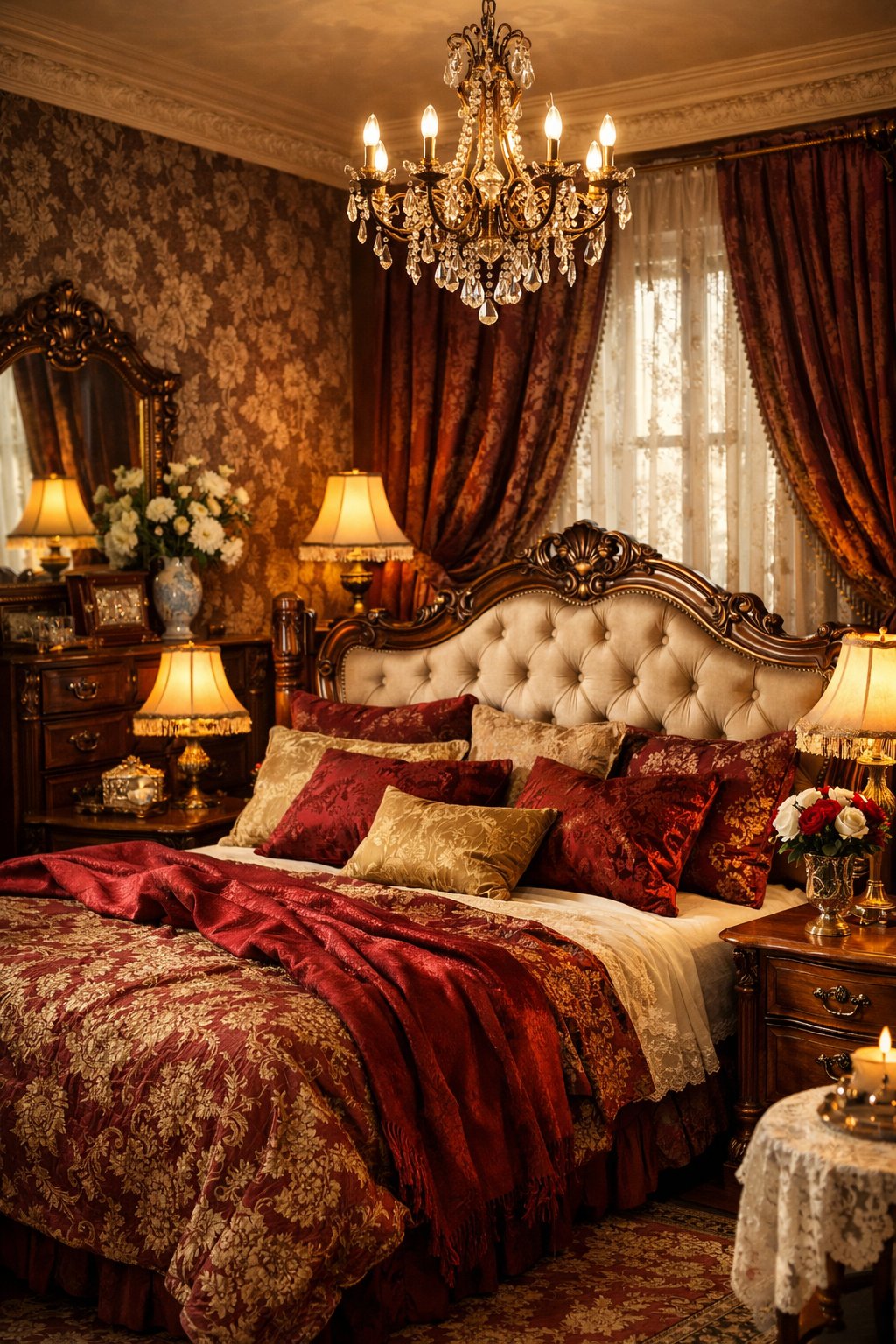 Victorian Bedroom Designs for Your Dream Romantic Retreat: 5 Timeless Ideas 7 A cozy bedroom with a large bed, soft pillows, ornate wooden furniture, warm lighting, and floral decorations.