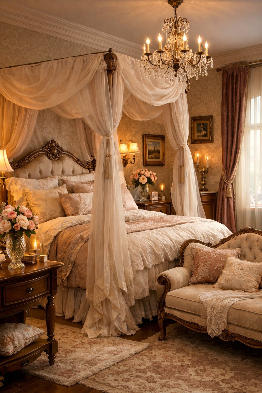 Victorian Bedroom Designs for Your Dream Romantic Retreat: 5 Timeless Ideas 8 A cozy bedroom with a large bed draped in sheer curtains, soft lighting, floral decorations, and antique furniture near a window.