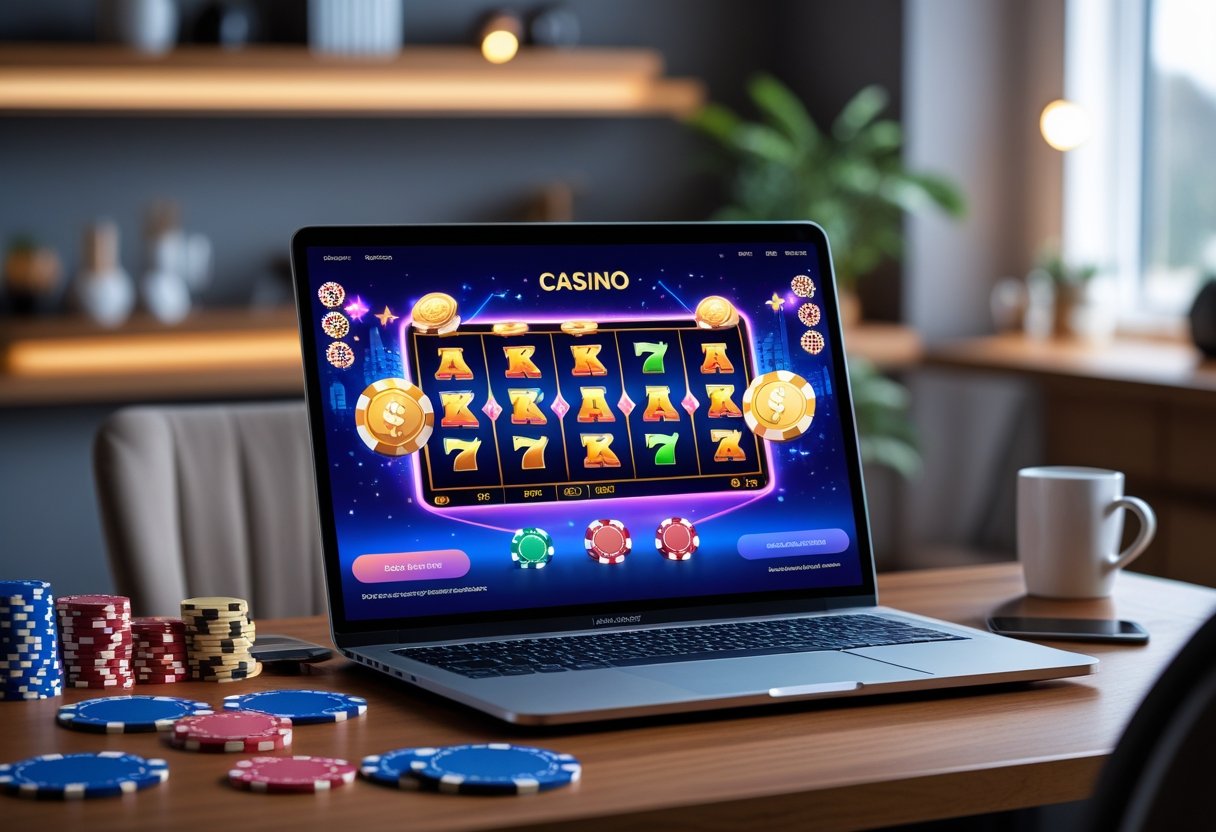 A laptop on a desk showing a colorful online casino interface with poker chips, playing cards, and a smartphone nearby in a modern home office setting.