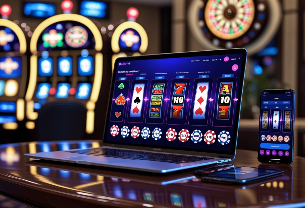 A laptop and smartphone on a desk showing colorful online casino games with poker chips and a roulette wheel in the background.