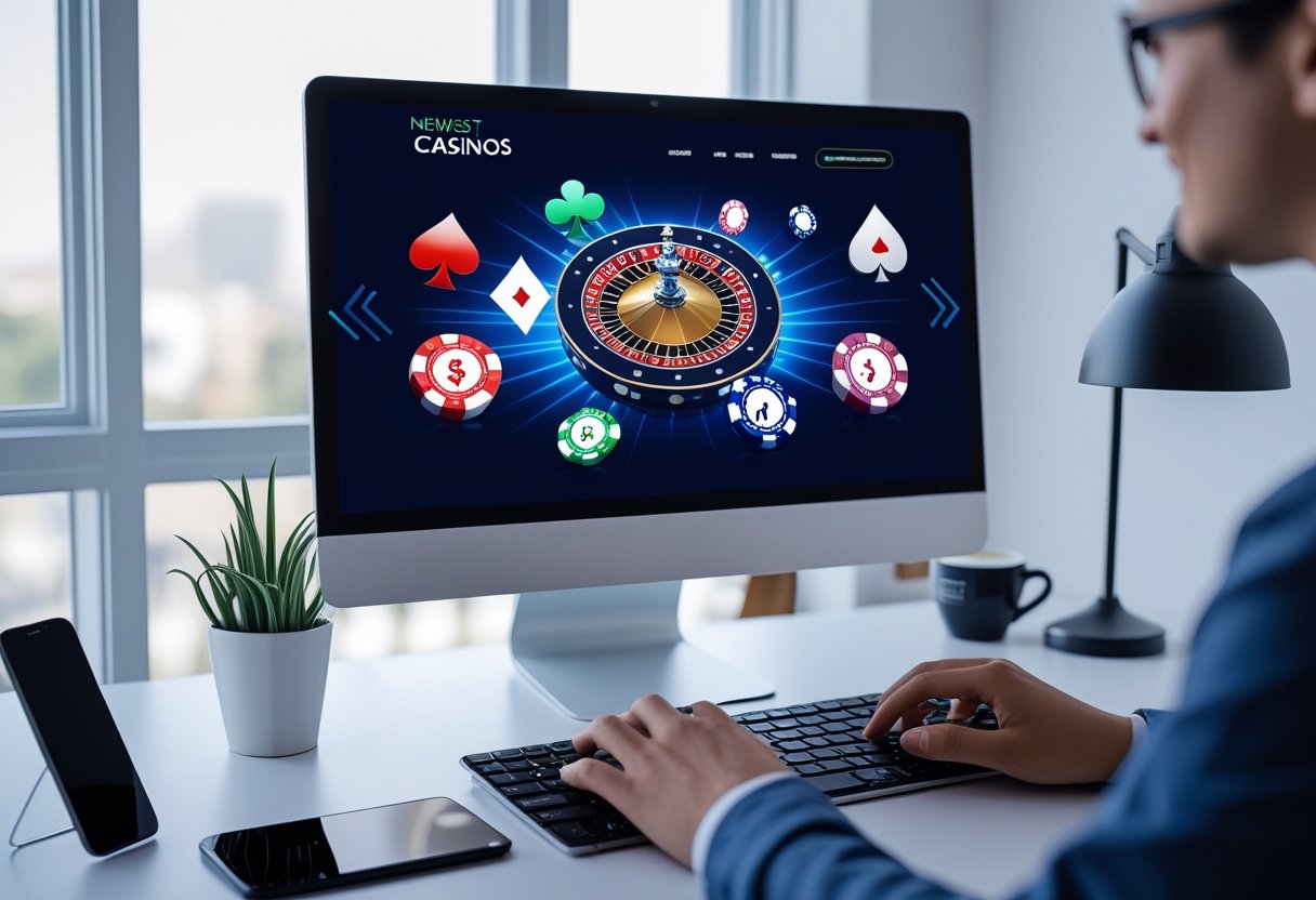 A modern workspace with a computer showing an online casino interface and hands using a mouse and keyboard.