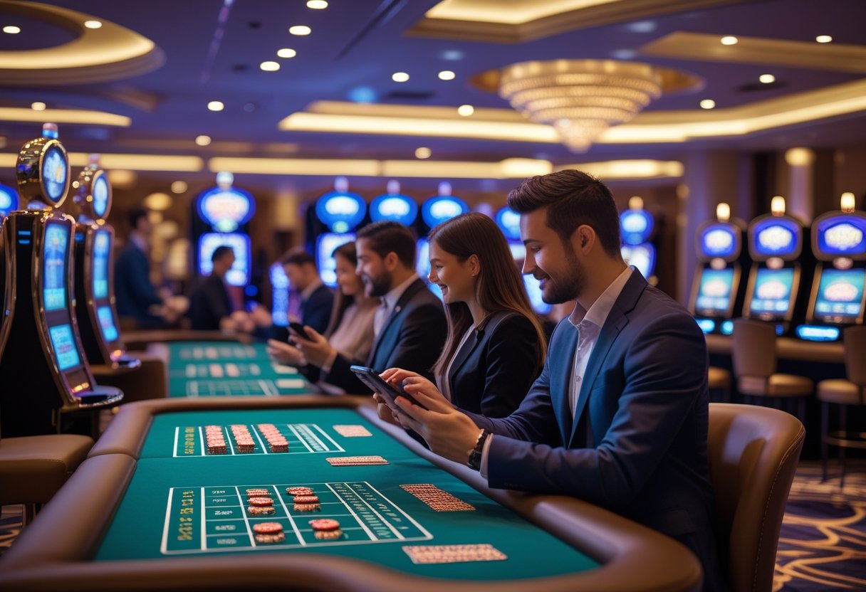 People using tablets and smartphones to play casino games in a modern, stylish casino setting without cash or chips.