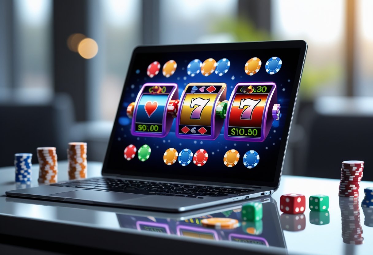 A laptop on a desk showing a colorful online casino game with poker chips and playing cards nearby.