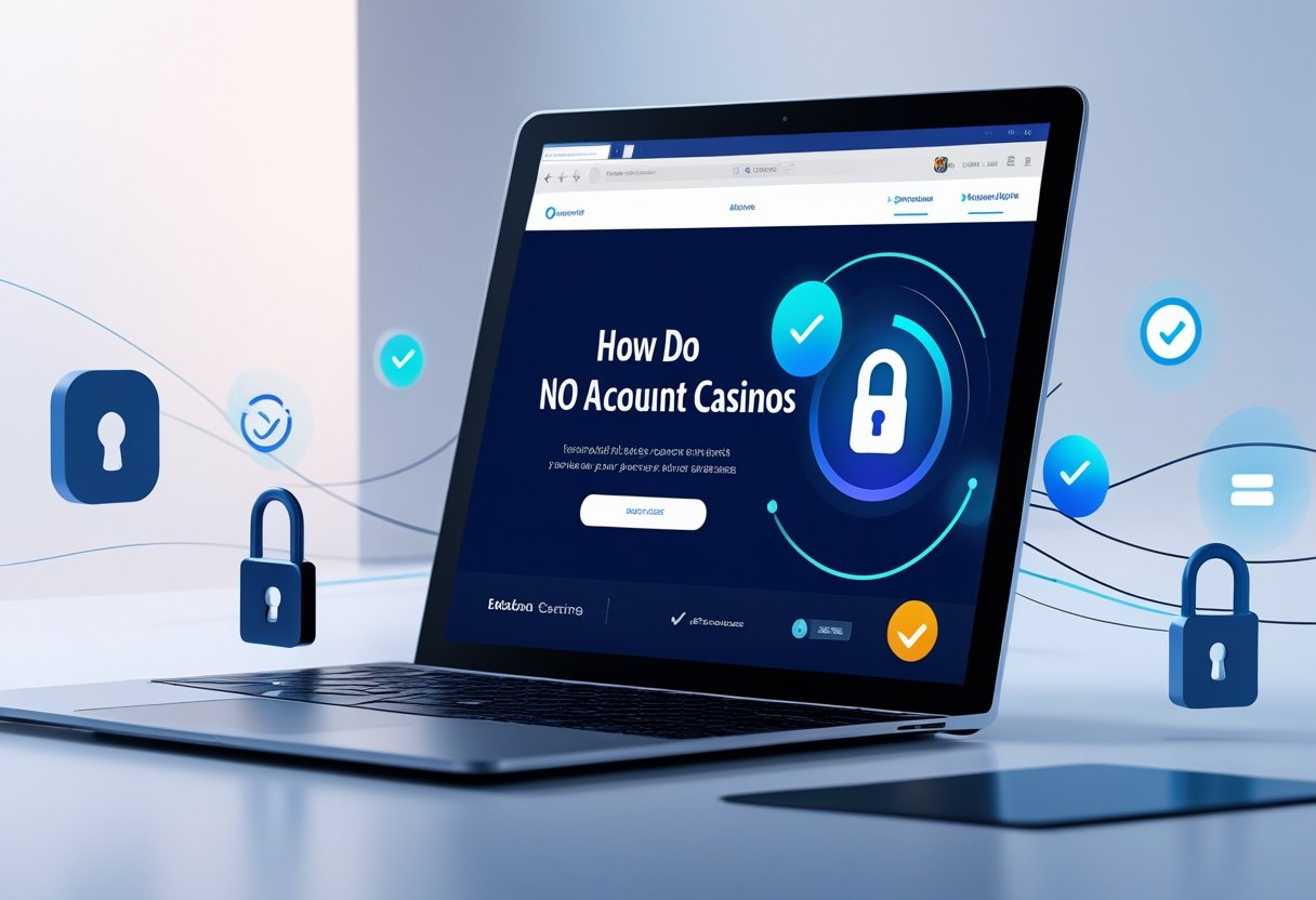 A laptop displaying an online casino interface with icons representing security and easy access, set in a clean, modern workspace.