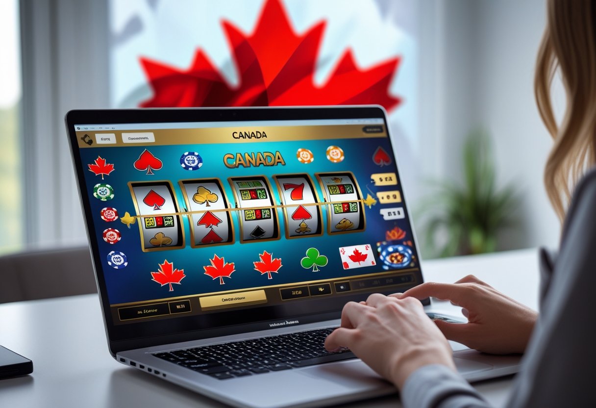 Person using a laptop showing an online casino game with Canadian-themed background elements.