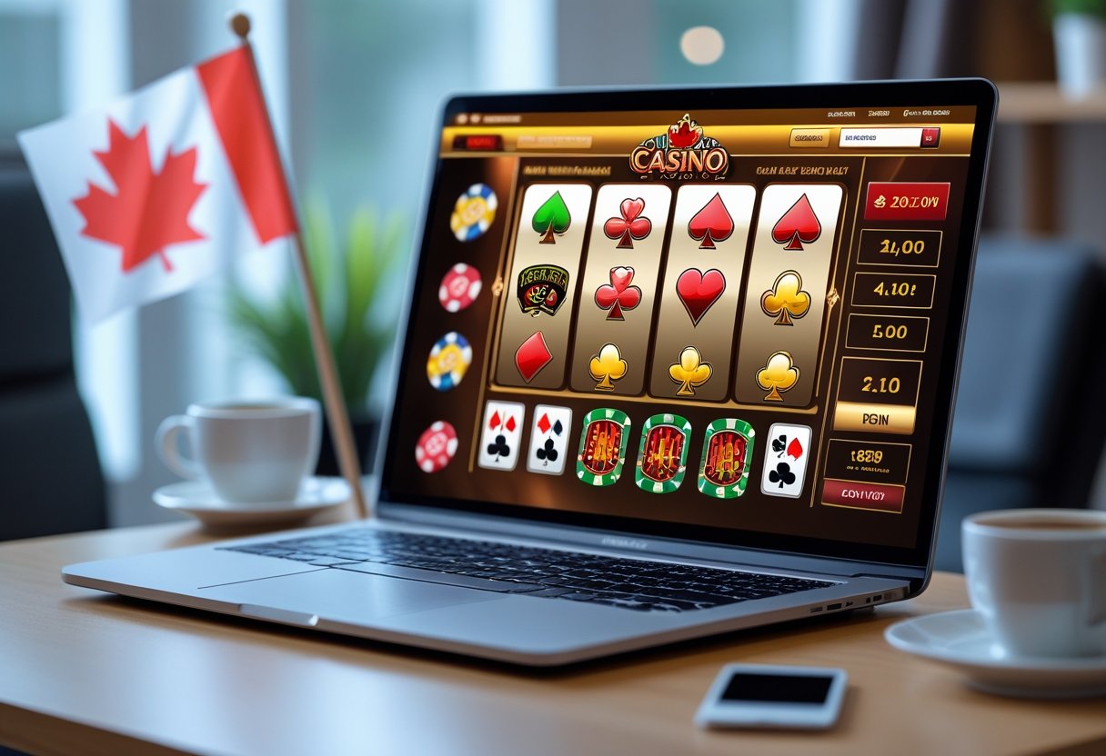 A laptop on a desk showing an online casino website with Canadian-themed elements like a small maple leaf flag nearby.