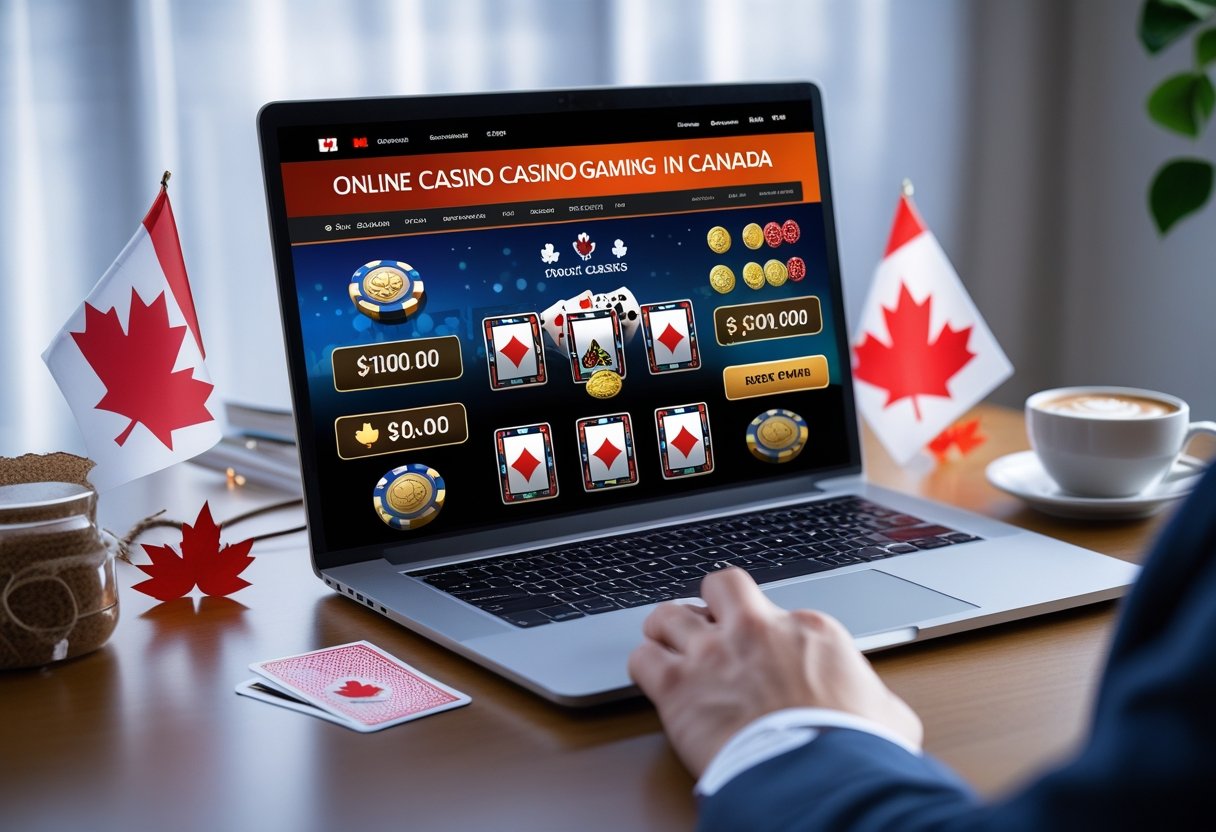 A laptop on a desk showing an online casino interface with poker chips and playing cards, surrounded by Canadian-themed decorations.