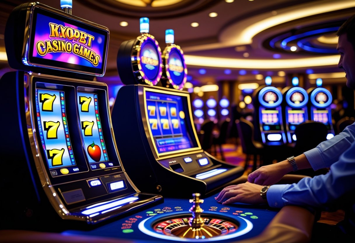 A casino floor showing new gaming machines including a slot machine, roulette wheel, and poker table with players interacting.