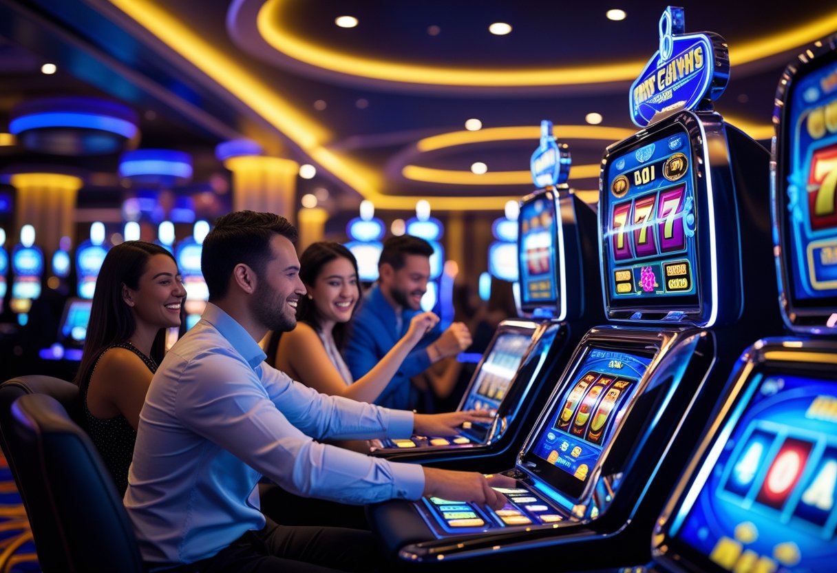 People enjoying modern slot machines in a bright and lively casino gaming floor.