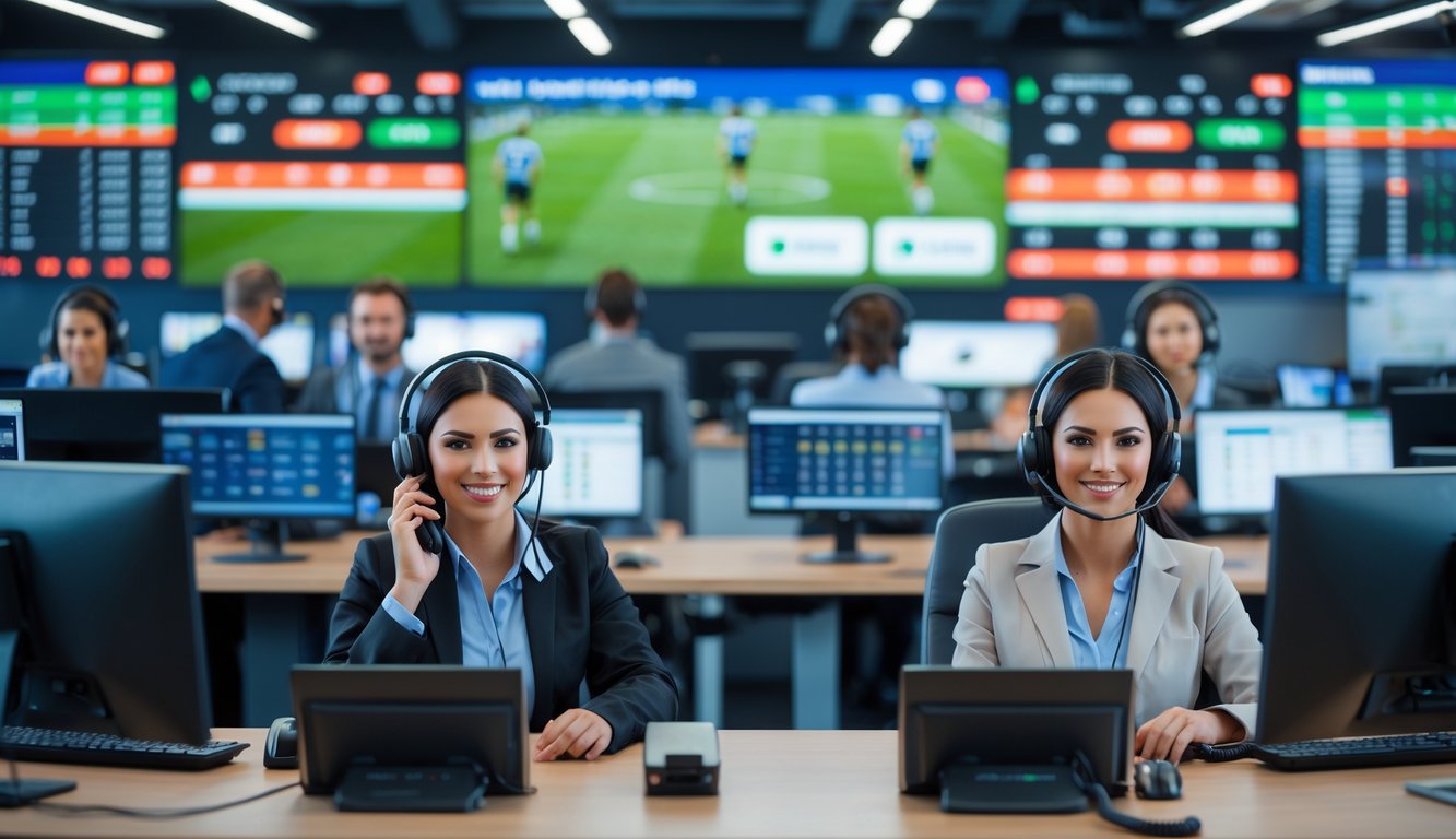 Suasana kantor layanan taruhan bola dengan staf profesional yang sedang bekerja di depan komputer dan layar besar menampilkan pertandingan sepak bola.