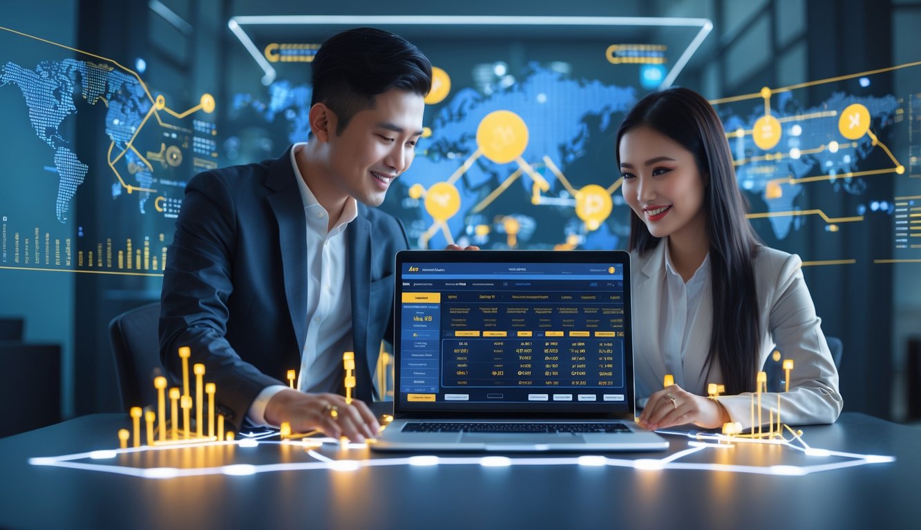 Seorang pria dan wanita Indonesia bekerja bersama di kantor modern dengan laptop yang menampilkan data olahraga dan taruhan.