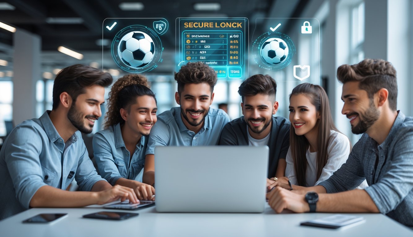 Sekelompok orang muda berkumpul di sekitar laptop di ruang kantor modern, terlihat fokus dan senang saat menggunakan platform taruhan bola online yang aman dan resmi.