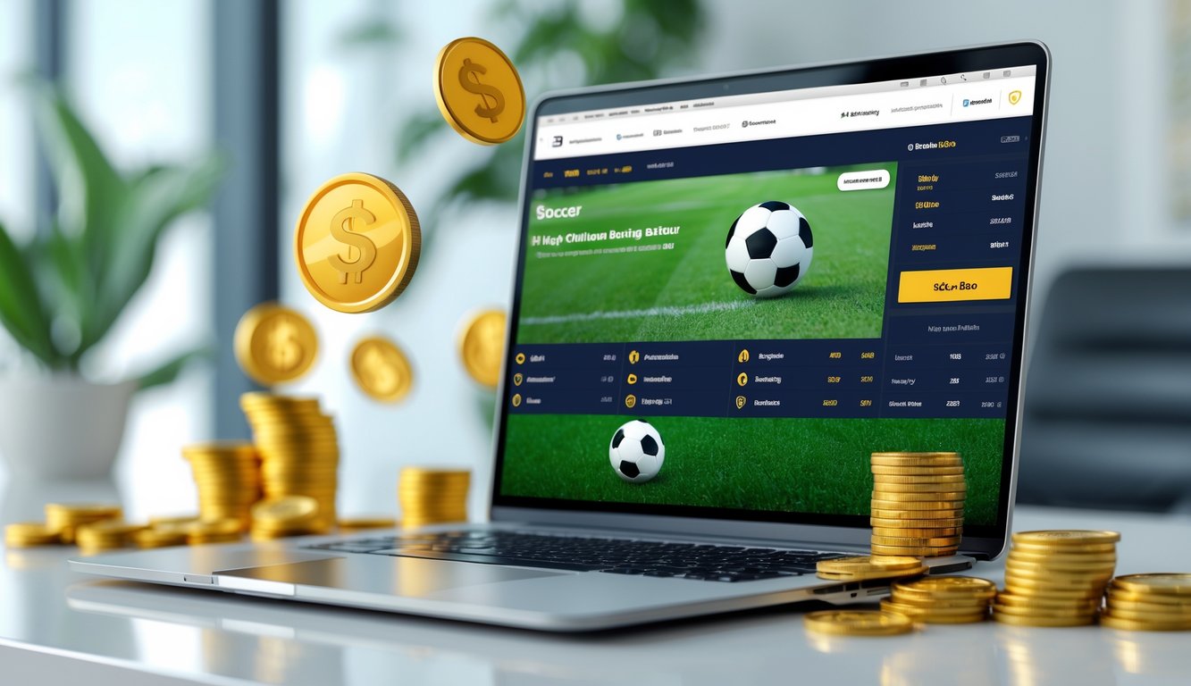 Seseorang menggunakan perangkat digital untuk bertaruh pada pertandingan sepak bola dengan suasana yang cerah dan elemen simbol hadiah di sekitarnya.