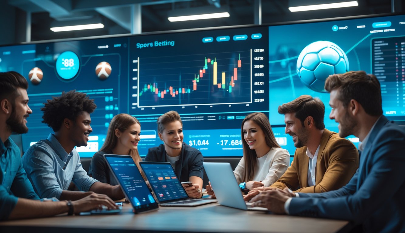 Sekelompok orang muda di kantor modern sedang melihat layar besar dengan grafik dan statistik taruhan olahraga.