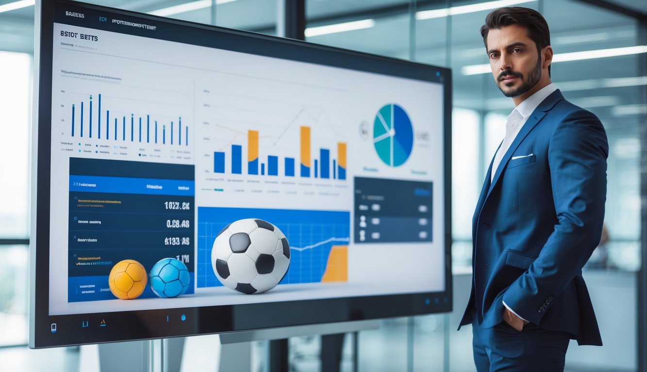 Seorang pria bisnis berdiri di kantor modern dengan layar digital yang menampilkan grafik terkait taruhan olahraga.