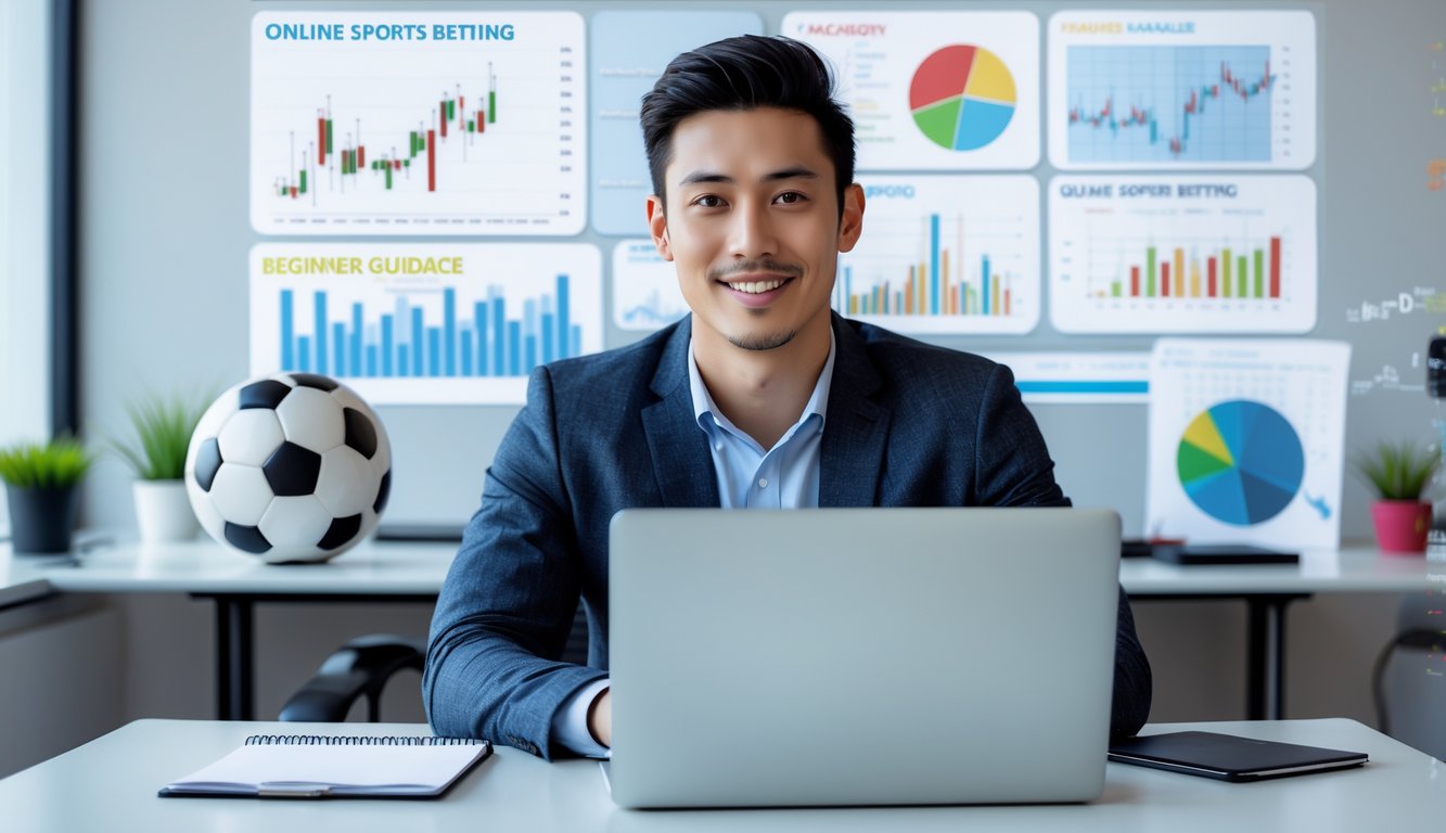 Seorang pria muda duduk di meja dengan laptop dan bola sepak di sekitarnya, tampak fokus dan percaya diri dalam suasana kantor modern.