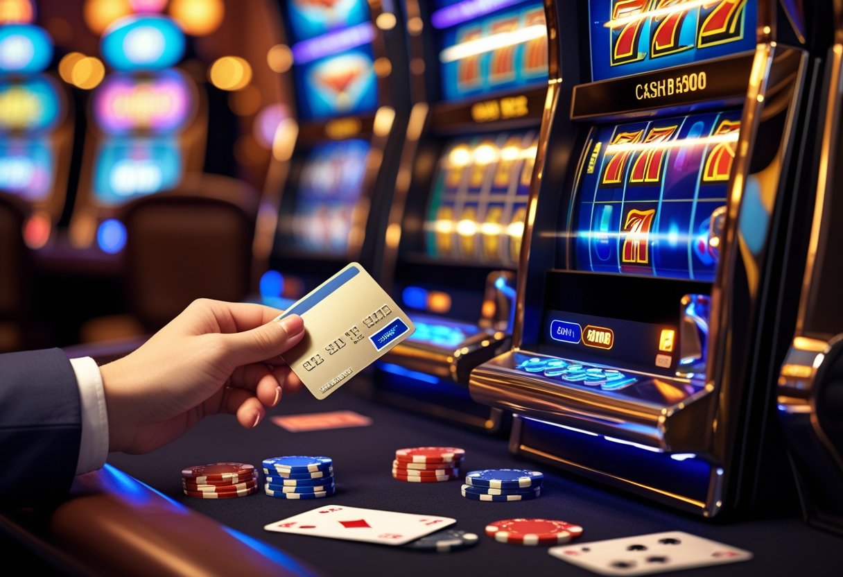 A hand holding a card near a slot machine with poker chips and playing cards on a casino table.