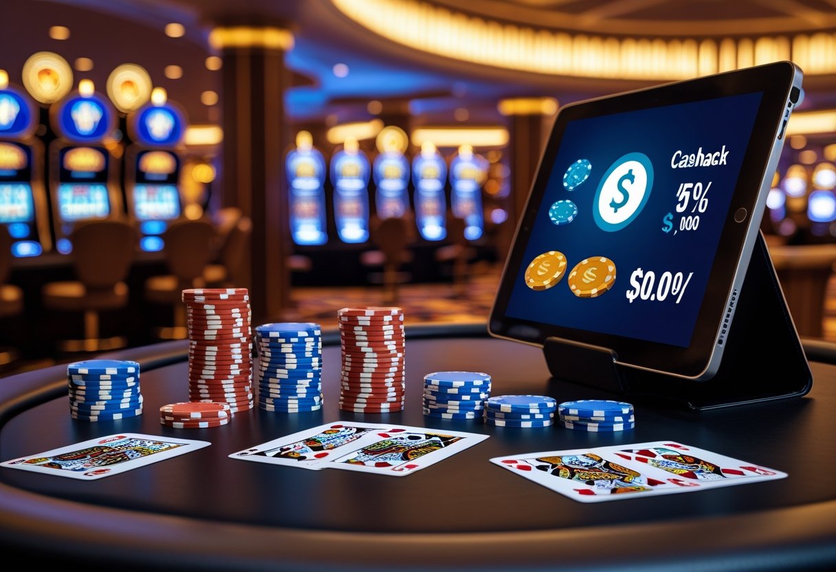 A casino table with poker chips, playing cards, and a digital screen showing a cashback icon in a casino environment.