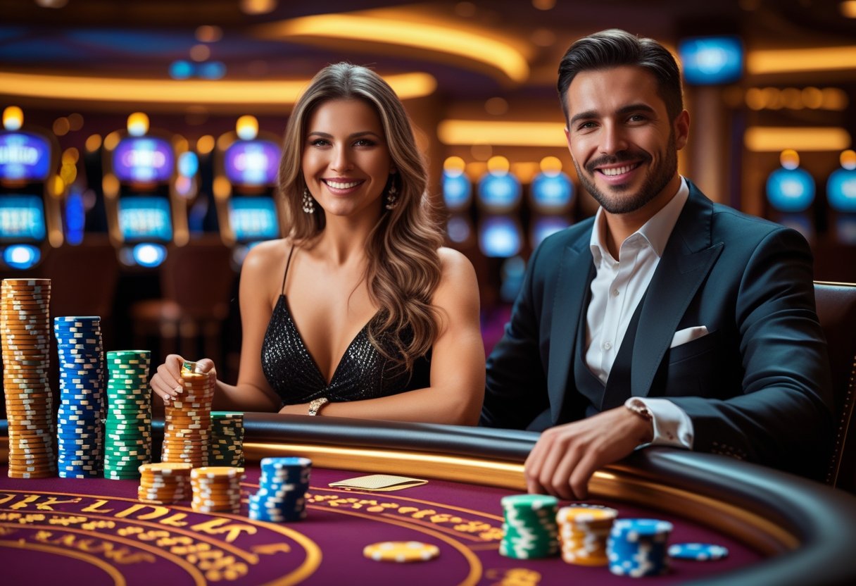 A man and woman dressed elegantly sitting at a poker table with stacks of chips and playing cards in a casino.