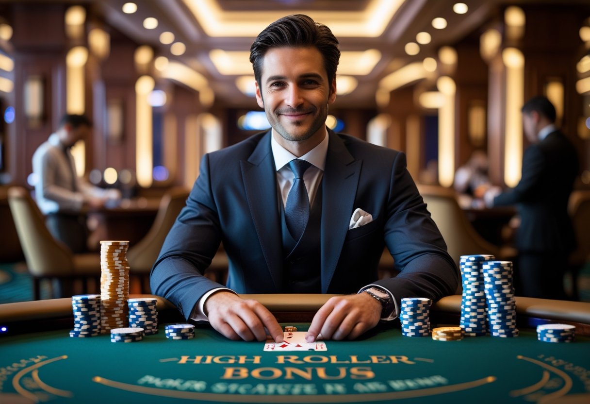 A well-dressed man sitting at a poker table with chips and cards in a luxurious casino setting.