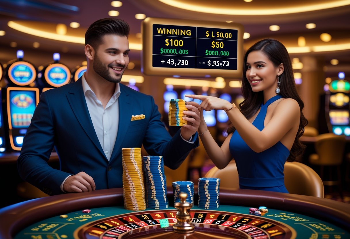 A man and woman in a casino with poker chips and a digital display showing winning amounts and bonuses.
