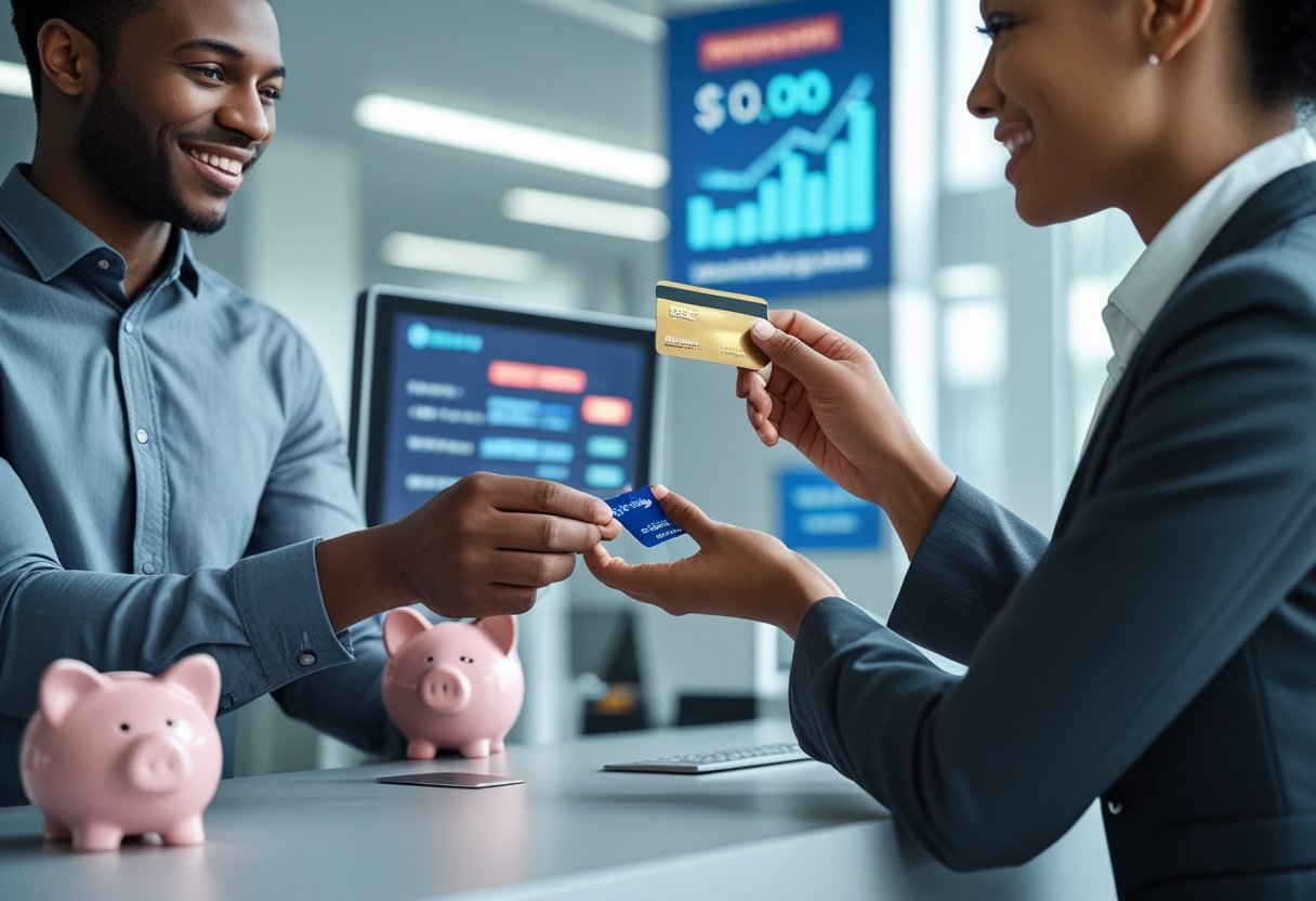 A person handing a credit card to a bank teller across a counter in a modern financial setting.