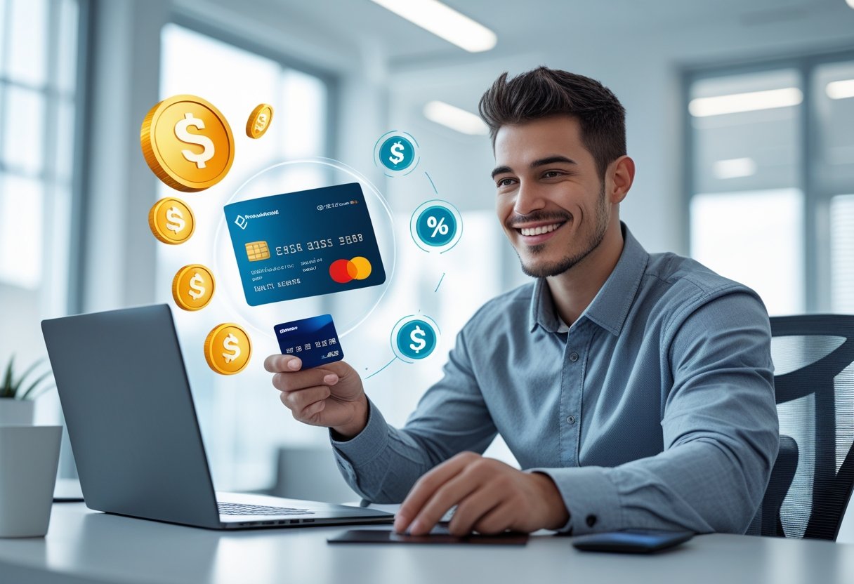 A young adult at a desk holding a credit card and using a laptop with financial icons floating nearby.