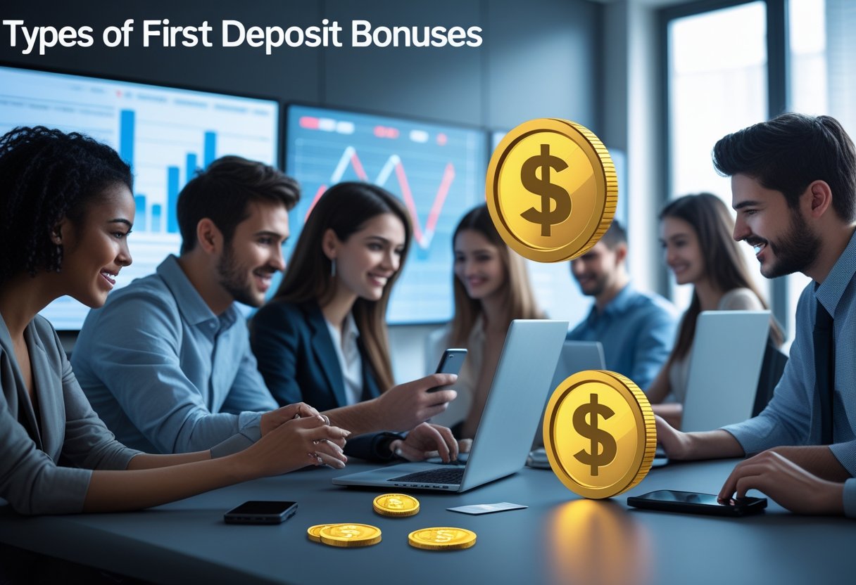 People using laptops and smartphones at a desk with digital currency icons and credit cards, representing online financial bonuses.