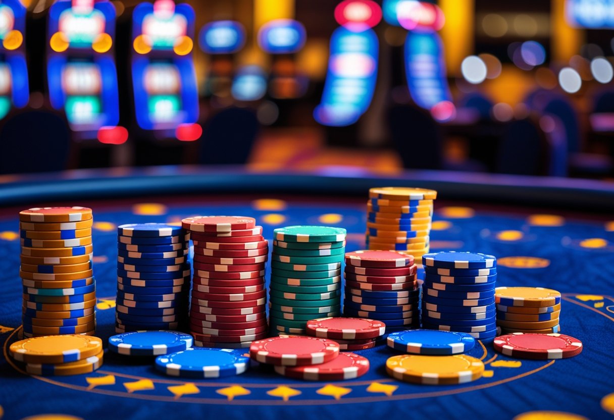 A casino table with colorful poker chips and blurred slot machines in the background.