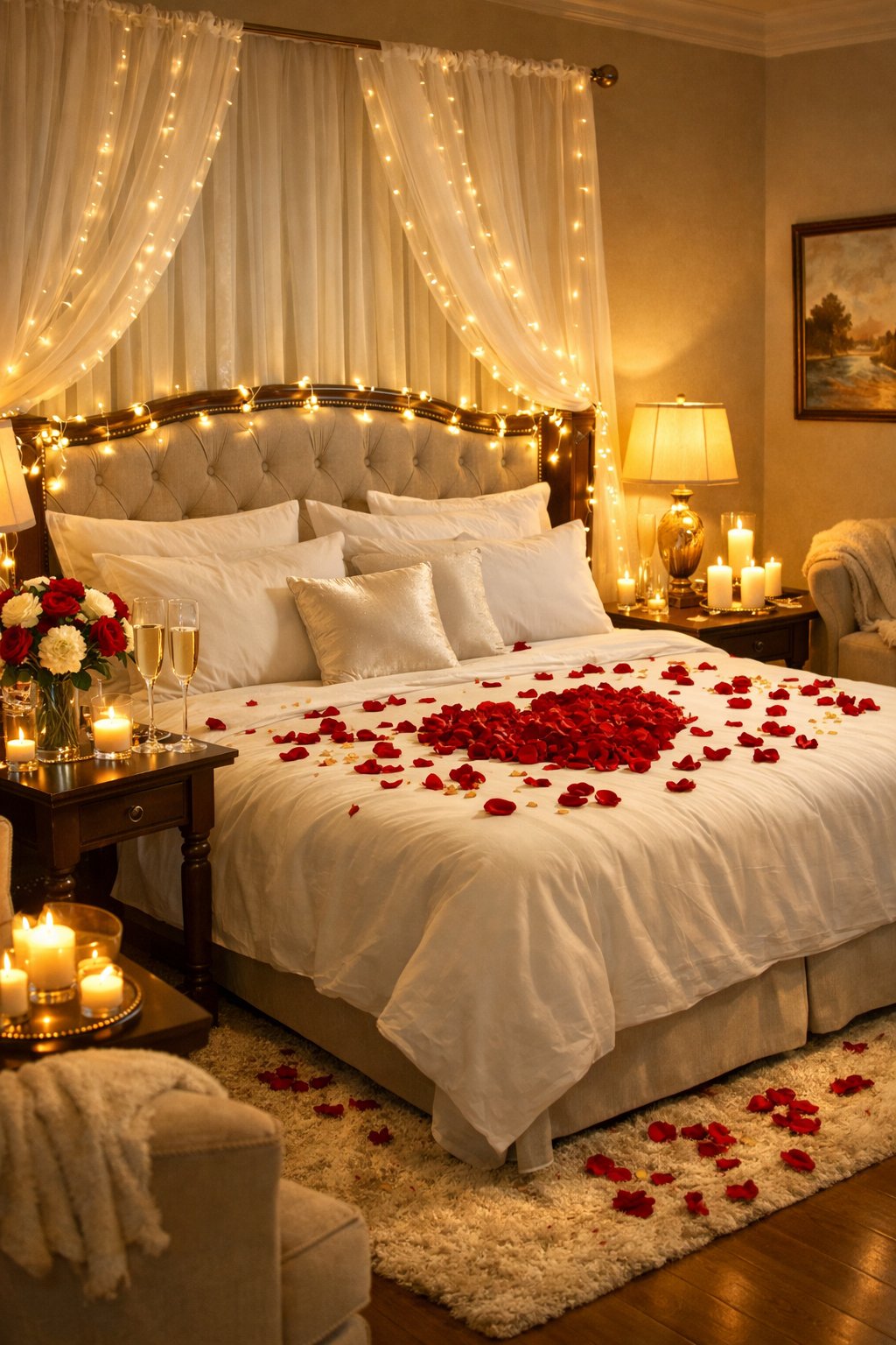Wedding First Night Bedroom Decoration Ideas: 7 Elegant, Romantic Concepts 2 A romantic bedroom decorated with rose petals on the bed, fairy lights, candles, and fresh flowers, creating a warm and intimate atmosphere.