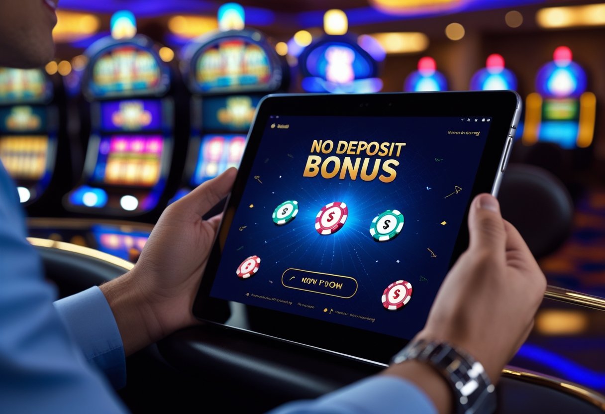 A person using a tablet showing an online casino interface with poker chips and cards in a casino setting.