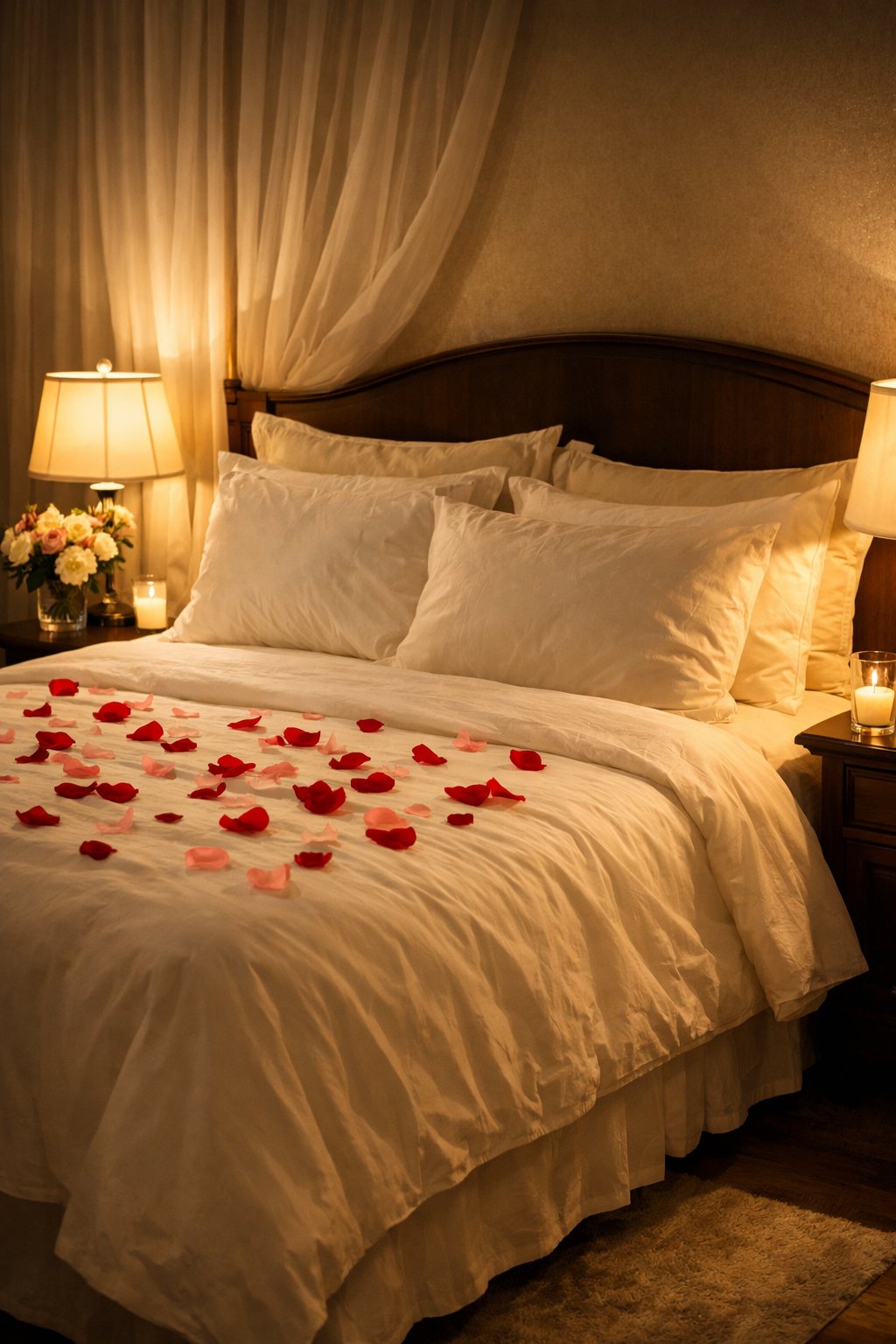 Wedding First Night Bedroom Decoration Ideas: 7 Elegant, Romantic Concepts 3 A warmly lit bedroom decorated for a wedding night with a neatly made bed, rose petals, dimmable lamps, and fresh flowers.