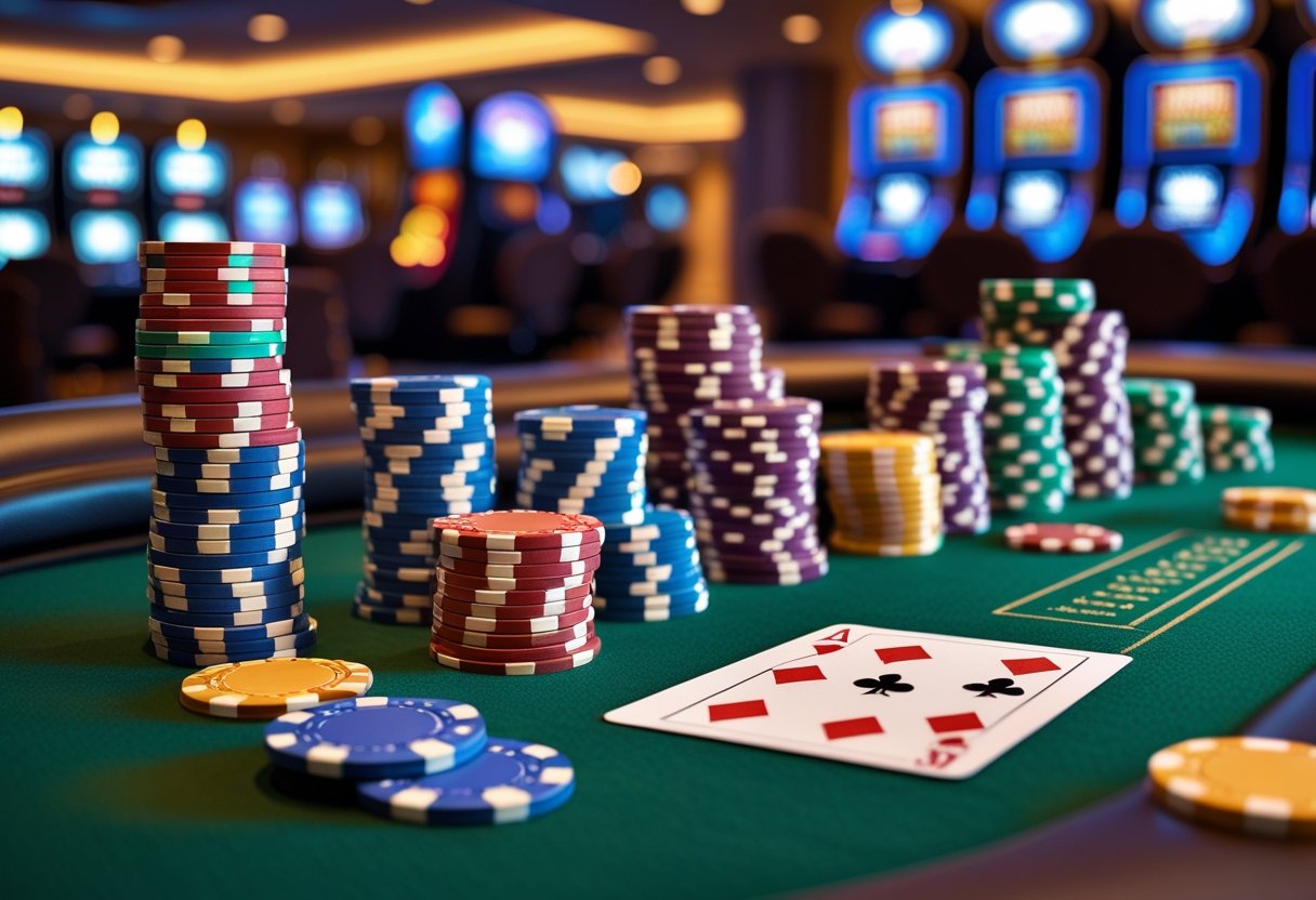 Close-up of a casino table with poker chips and playing cards, with slot machines blurred in the background.