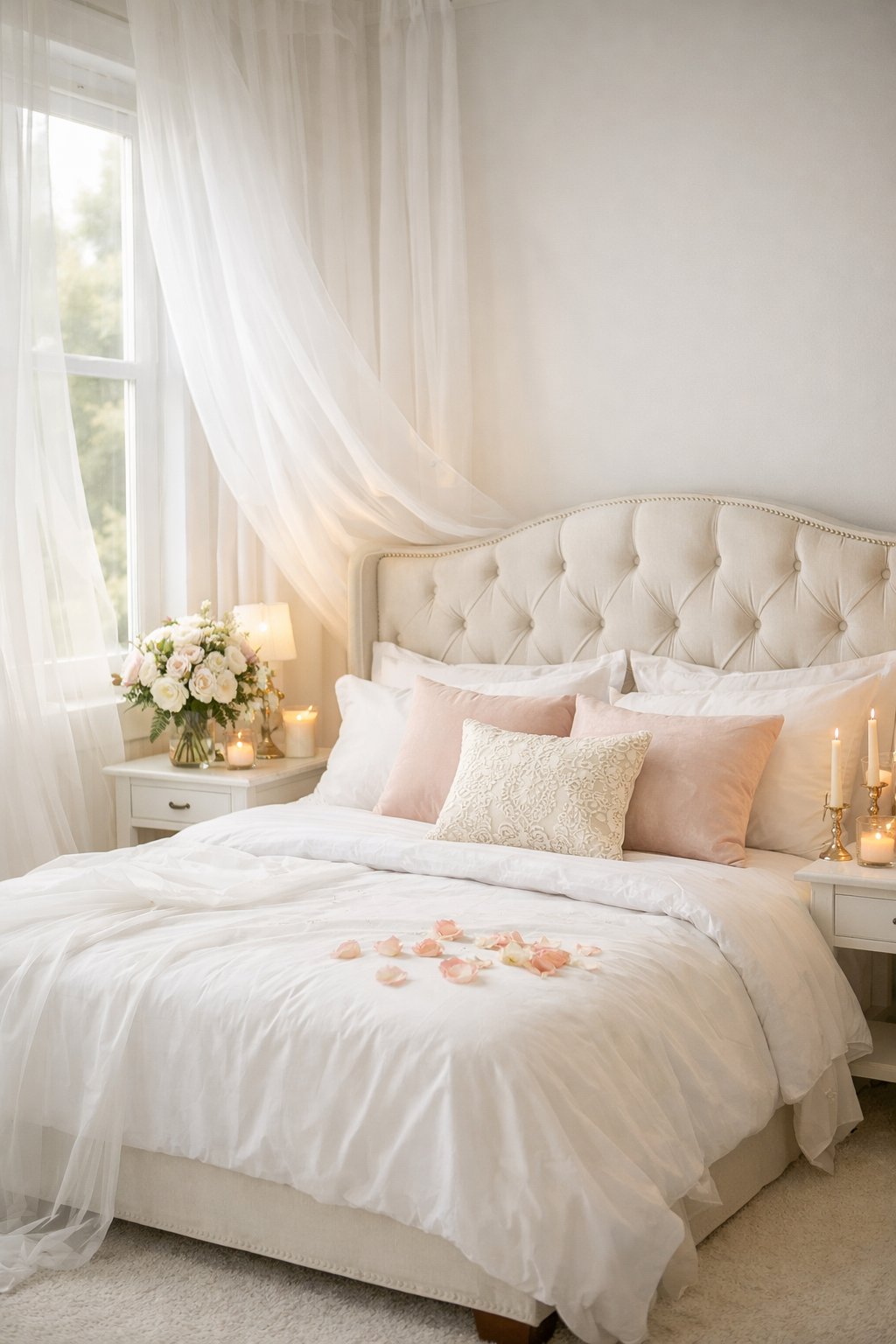 Wedding First Night Bedroom Decoration Ideas: 7 Elegant, Romantic Concepts 6 A bedroom with sheer white curtains, a neatly made bed with pillows, and floral decorations on bedside tables.