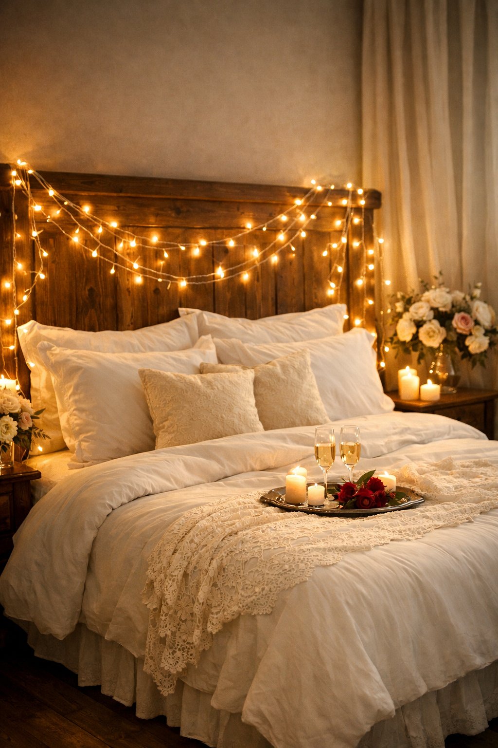 Wedding First Night Bedroom Decoration Ideas: 7 Elegant, Romantic Concepts 7 A bedroom with fairy lights draped around the headboard, a neatly made bed, and soft ambient lighting.