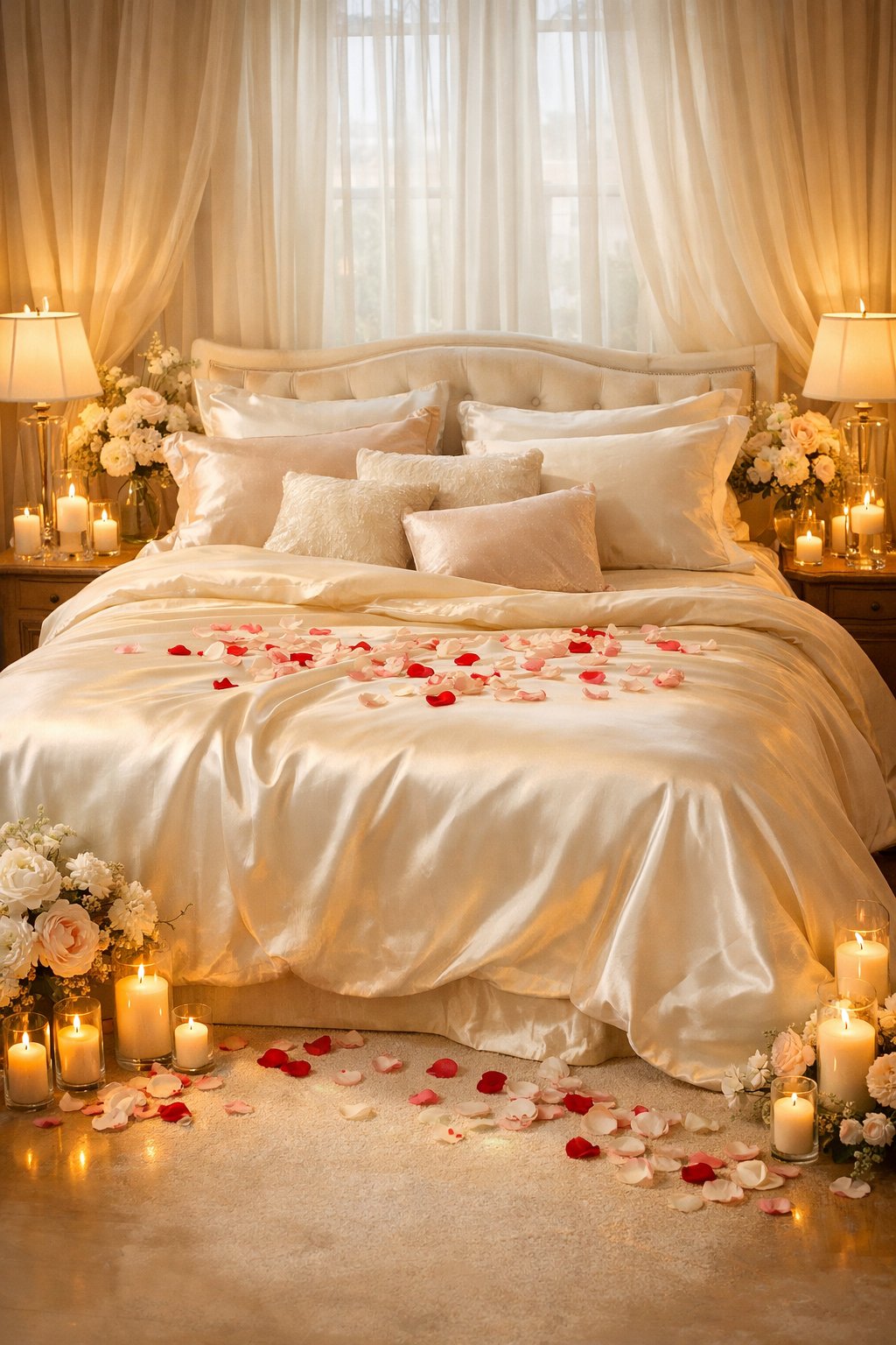 Wedding First Night Bedroom Decoration Ideas: 7 Elegant, Romantic Concepts 8 A beautifully decorated bedroom with a bed covered in smooth satin or silk linens, surrounded by candles and rose petals.