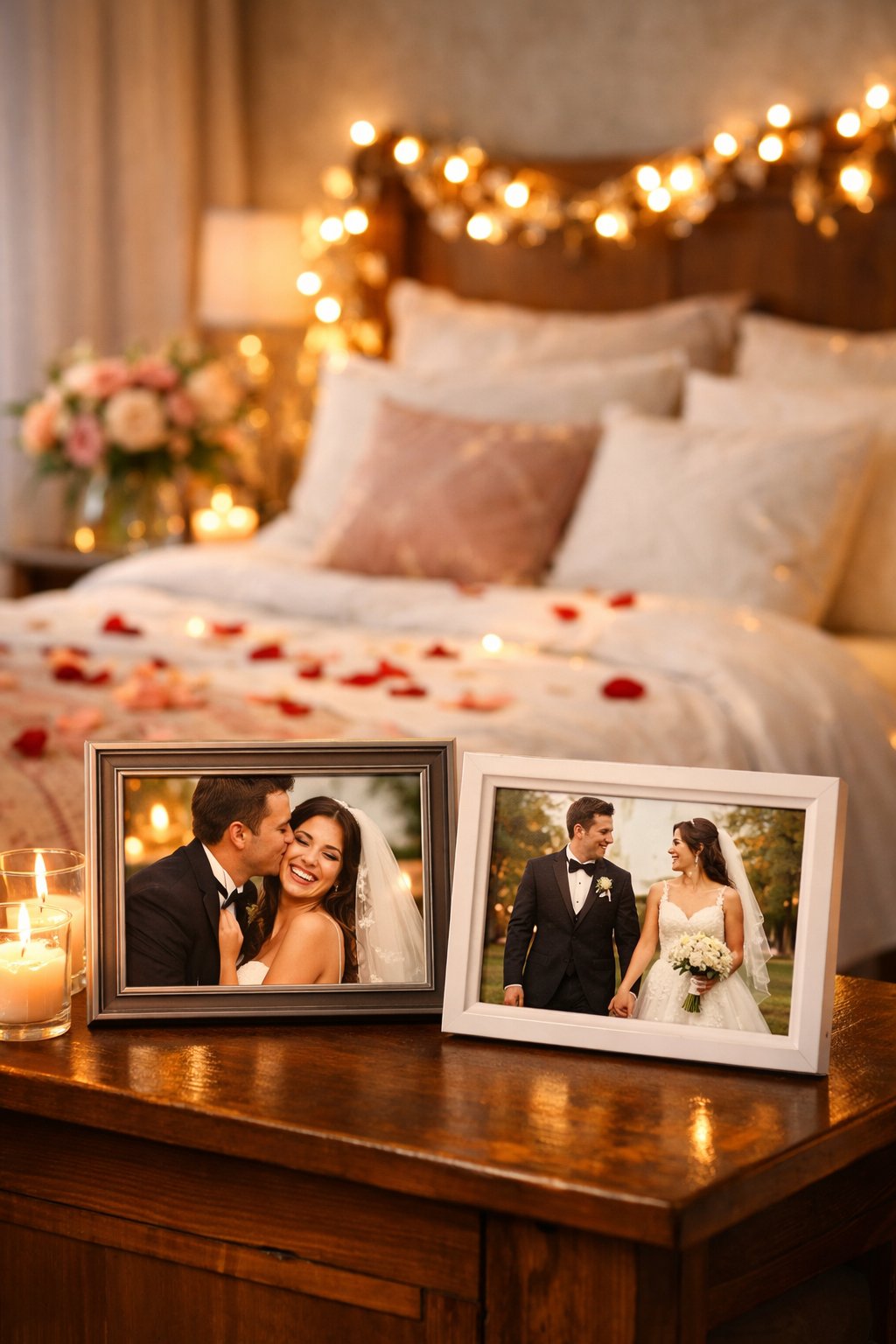 Wedding First Night Bedroom Decoration Ideas: 7 Elegant, Romantic Concepts 9 A romantic bedroom decorated for a wedding couple's first night with personalized photo frames on a bedside table, rose petals on the bed, fairy lights, and fresh flowers.