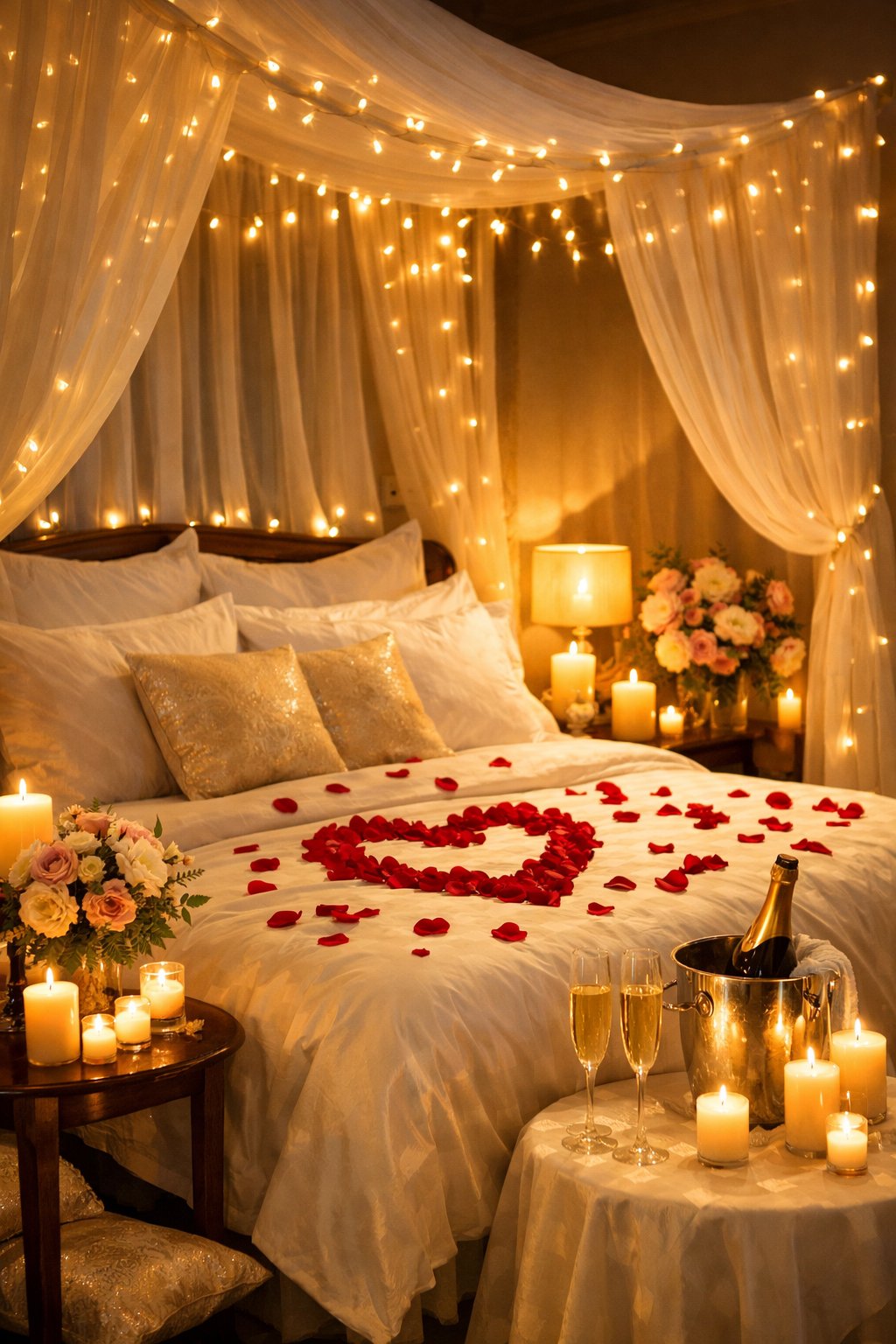 Wedding First Night Bedroom Decoration Ideas: 7 Elegant, Romantic Concepts 10 A romantic bedroom decorated for a wedding first night with rose petals on the bed, candles, soft lighting, and floral arrangements.