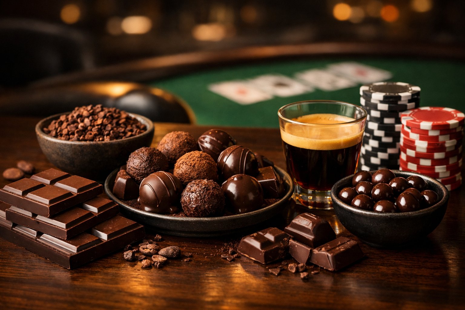 An assortment of dark chocolate treats displayed on a table with casino chips and a glass of espresso nearby.